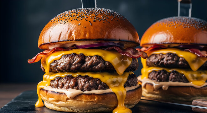 Irresistible Double Bacon Cheese Burger with Melting Cheddar and Fresh Ingredients on a Dark Background, Studio Shot