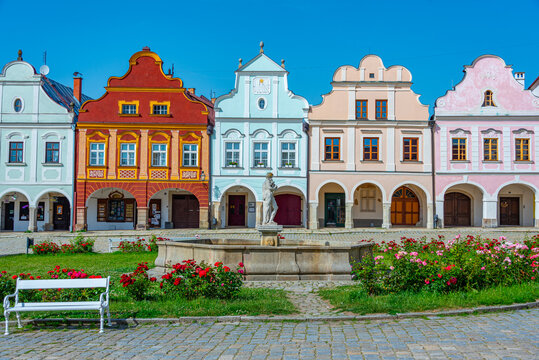 Colourful houses at historical square in Telc, Czech republic