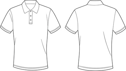 Men&rsquo;s polo shirt flat sketch, front and back view, vector fashion design template with collar and button placket details.