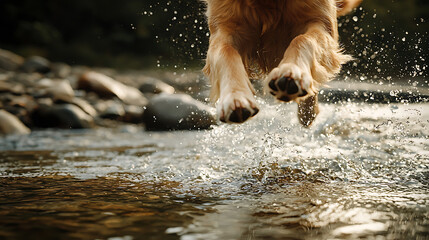 A dog is jumping into a river with its paws in the water