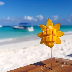 Mango cubes on a stick at a beach