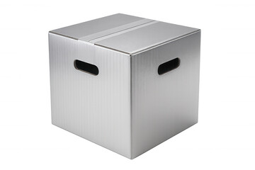 Closed silver cardboard box with carrying handles sealed with adhesive tape, isolated on transparent background