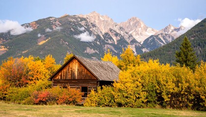 Fototapeta premium Autumn cabin nestled in mountains (1)