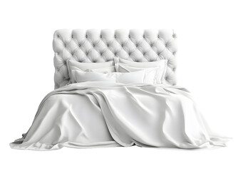 Luxurious white bed with tufted headboard.