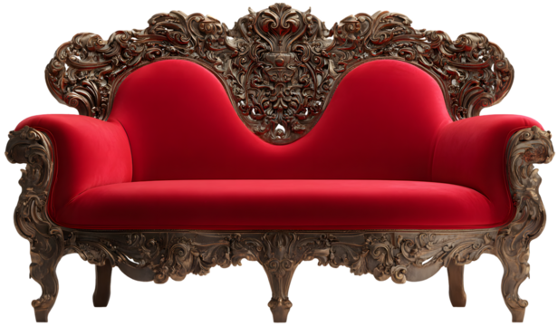 Ornate, red velvet chaise lounge with detailed carvings.