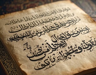 Close-up of aged Arabic calligraphy on antique book pages