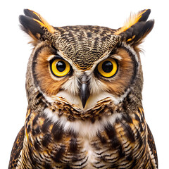 Obraz premium Close up portrait of a great horned owl with piercing yellow eyes and ear tufts isolated on transparent background