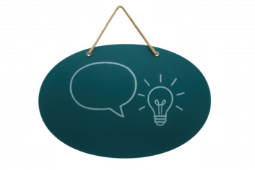 Suspended oval chalkboard featuring light bulb and speech bubble, symbolizing creative brainstorming against transparent backdrop