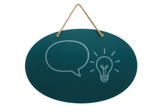 Suspended oval chalkboard featuring light bulb and speech bubble, symbolizing creative brainstorming against transparent backdrop