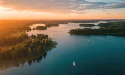 Fototapeta premium Panoramic sunset view over lakes and islands