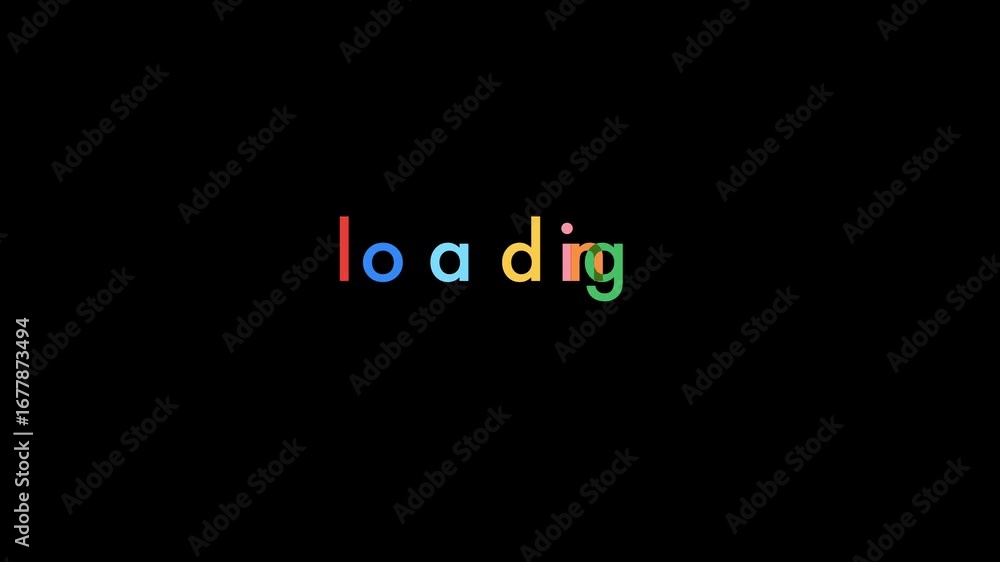 Aufkleber loading word animation colored letters bumping into each other on black background