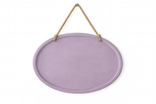 Purple wooden oval sign dangling from knotted rope, transparent backdrop enabling customizable messaging - Powered by Adobe