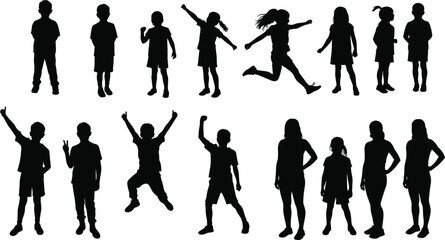 Silhouette of Diverse Children in Various Poses and Activities, Perfect for Family, Fun, and Healthy Lifestyle Vector Art