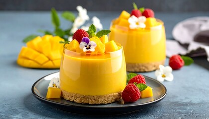 Mango dessert with raspberries