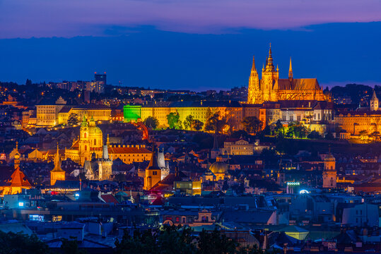 Sunset view of Prague from Rieger orchards in Prague, Czech repu