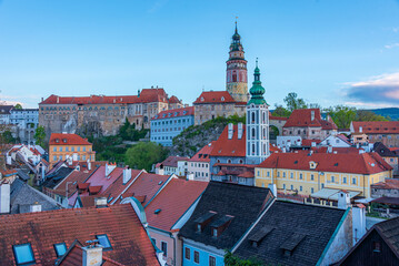 Sunrise view of Cesky Krumlov castle and Saint Jost church, Czec