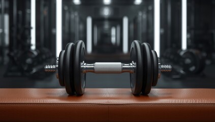 Dumbbell on gym bench suitable for fitness blogs, social media fitness accounts, gym advertisements, workout guides, fitness apps, and personal training.