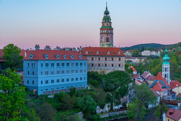 Sunset view of Cesky Krumlov castle overlooking Vltava river, Cz