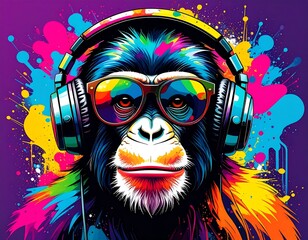 Colorful monkey with headphones and sunglasses.  Vibrant portrait