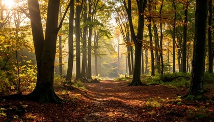 Obraz premium A sunlit forest path in autumn