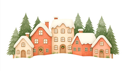 Cute Christmas Houses Illustration, Festive Holiday Cottage Clipart Collection