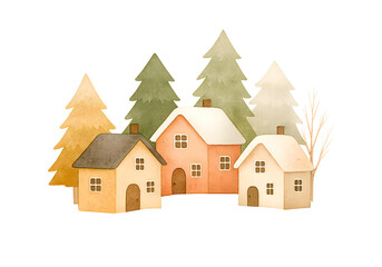 Cute Christmas Houses Illustration, Festive Holiday Cottage Clipart Collection