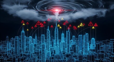 Futuristic Smart City Under Cyber Attack with Warning Symbols and Digital Storm Representing Technology Risks and Security Threats