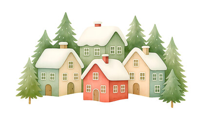 Cute Christmas Houses Illustration, Festive Holiday Cottage Clipart Collection