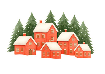 Fototapeta premium Cute Christmas Houses Illustration, Festive Holiday Cottage Clipart Collection