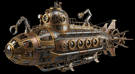 Detailed steampunk submarine with mechanical arms and propeller on a black background scene