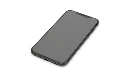 A gray smartphone lying flat on a white surface displaying a blank dark gray screen at an angle
