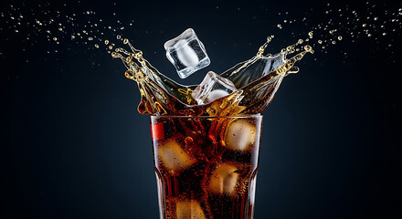 Ice cubes splashing into a glass of dark soda creating a dynamic and refreshing visual effect on dark background