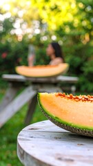 Cantaloupe slice on a picnic table outdoors