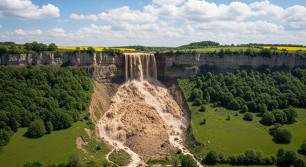 Powerful waterfall cascading down a rocky cliff face, mudflow visible