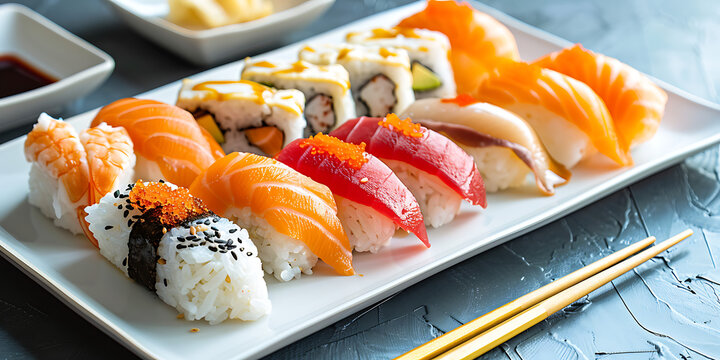 Delicious assortment of fresh sushi and rolls served on a white plate with chopsticks