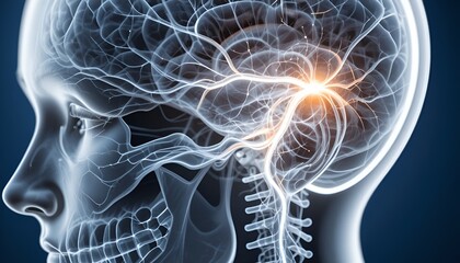 Detailed 3D rendering of the human head showcases neural pathways and complex brain structure.