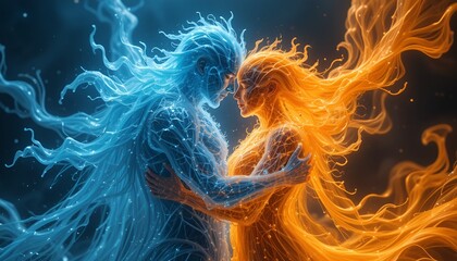 Ethereal figures embrace in a dance of light, embodying passion and connection with vibrant energy.