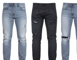  Angled Side View of Torn Black Jeans, Casual Folded Hem, isolated