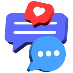 3d blue chat bubbles icon with heart like speech bubble symbol Chat message icons - talk messages bubble chat speech text box icon , social media communication and messaging background. 3d vector