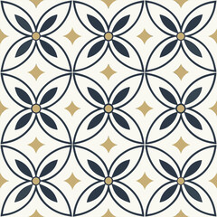 Fototapeta premium Luxury golden flower artwork with seamless circles, vintage tile ornament, botanical symmetry, abstract mandala inspiration, ideal for home décor, fabric printing, wallpapers, and high-end fashion pat