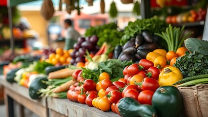 Colorful assortment of fresh vegetables on a wooden stall, showcasing natural abundance.