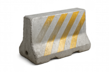Grey concrete road barrier with diagonal yellow stripes ensuring traffic safety, isolated on transparent background