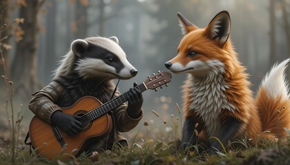 A badger serenades a fox with a guitar in an autumnal forest setting, creating a whimsical scene.