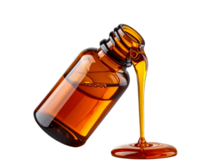 Bottle of Cough Syrup with Liquid Pouring, Isolated on Transparent Background