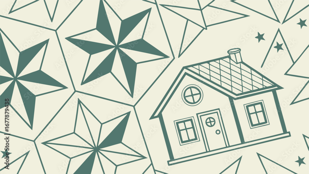 Poster seamless geometric scandinavian motif with stars and triangles in muted sage and cream, vector repea