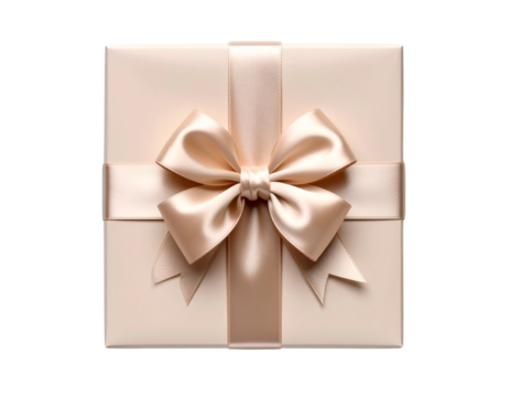  Top-Down View of Cream Gift Box with Pink Ribbon Bow, Isolated