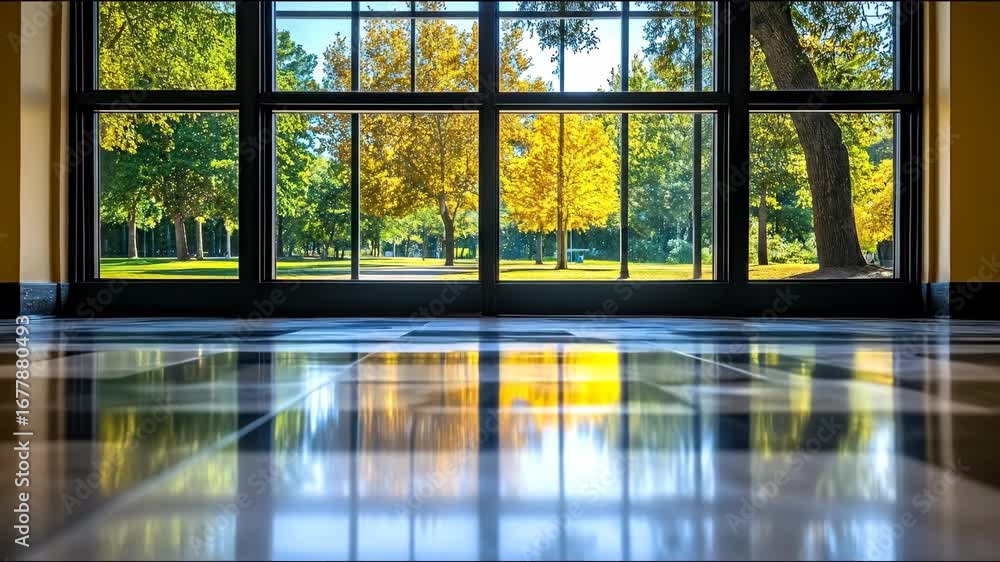 Poster large window view of trees in park, reflection on polished floor