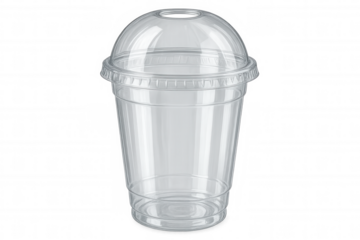 Transparent plastic cup with domed lid, displaying beverages or desserts against clean white backdrop, ready for graphic design placement
