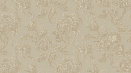 Embossed beige floral wallpaper with peony and leaf patterns.	
