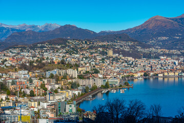 Naklejka premium Lugano in Switzerland viewed from Monte San Salvatore